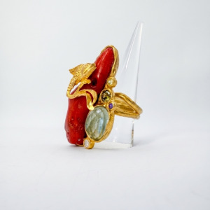 Handcrafted Red Coral & Sculptural Fish Statement Ring